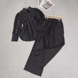 Women Spring Embroidered Hollow Career Shirt and Pants Two-piece Set