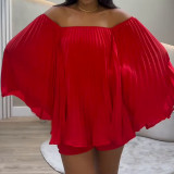Women Summer Pleated Off-Shoulder Top and Shorts 2-Piece Set