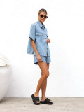 Women Summer Casual Loose Pocket Short Sleeve Shirt and Shorts Denim 2-Piece Set