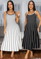 Women retro stripe patchwork contrast backless sleeveless dress Women retro stripe patchwork contrast backless sleeveless dress