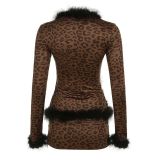 Women furry patchwork lace top and leopard print skirt two-piece set