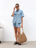 Women Summer Casual Loose Pocket Short Sleeve Shirt and Shorts Denim 2-Piece Set