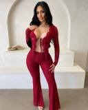Women sexy with hollow long sleeves lace Top and Pants Two-piece Set