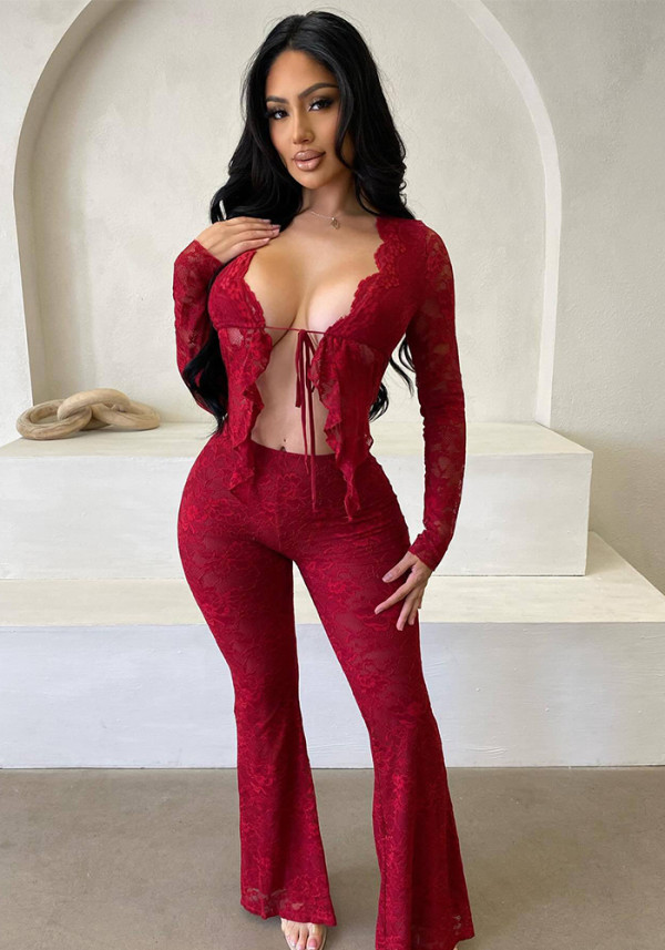 Women sexy with hollow long sleeves lace Top and Pants Two-piece Set