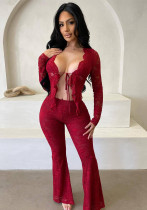 Women sexy with hollow long sleeves lace Top and Pants Two-piece Set Women sexy with hollow long sleeves lace Top and Pants Two-piece Set