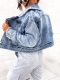 Women Collar Washed Raw Edge Denim Long Sleeve Jacket