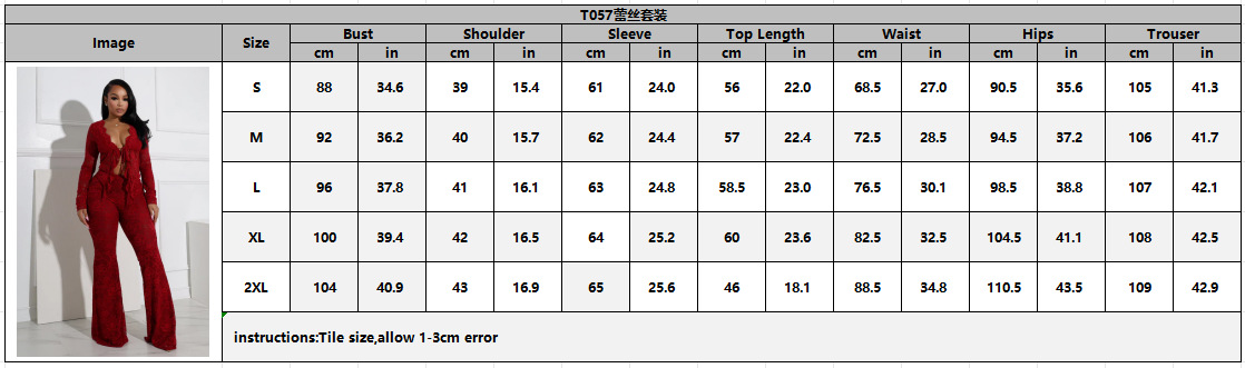 Women sexy with hollow long sleeves lace Top and Pants Two-piece Set