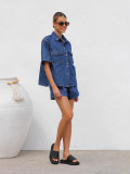 Women Summer Casual Loose Pocket Short Sleeve Shirt and Shorts Denim 2-Piece Set