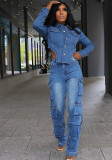 Women Spring Pocket Stretchy Denim 2-Piece Set
