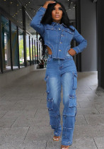 Women Spring Pocket Stretchy Denim 2-Piece Set Women Spring Pocket Stretchy Denim 2-Piece Set