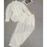 Women Spring Embroidered Hollow Career Shirt and Pants Two-piece Set
