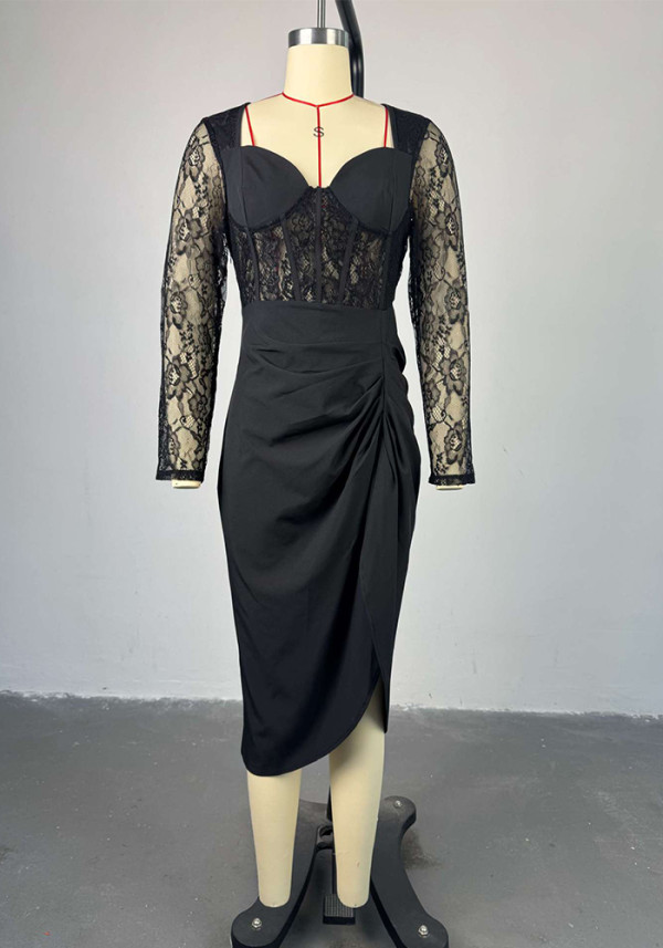 Women spring elegant square neck lace long sleeve maxi dress