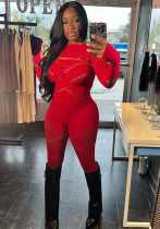 Women solid round neck long-sleeved hollow diamond jumpsuit Women solid round neck long-sleeved hollow diamond jumpsuit