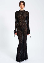 Spring Fashion Sexy Leopard See-Through Mesh Low Back Long Dress
