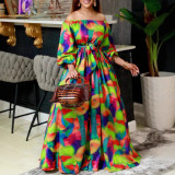 Spring Women Sexy Off Shoulder Bubble Long Sleeve Print Slim Waist Long Dress