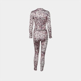 Spring Leopard Slim Sexy Fashion Long Sleeve Top Long Pants Two Piece Set