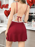 Valentine's Day Lingerie Sexy Strap V-Neck Lace Patchwork Night Dress