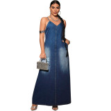 Women's Denim Strap Casual Long Dress