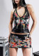 Fashion Pu Leather Halter Neck Sexy Lace-Up Printed Tight Fitting Two-Piece Skirt Set