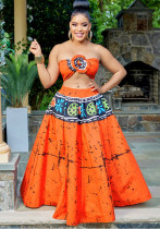 Plus Size Women's Summer Print Strapless Top A-Line Long Skirt Two-Piece Set