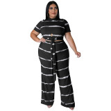 Plus Size Women's Round Neck Ribbed Short Sleeve Lace-Up Top Pants Two-Piece Set