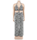 Plus Size Women's Summer Print Low Back Vest Wide Leg Pants Sexy Fashion Two-Piece Set