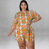 Plus Size Women's Summer Slash Shoulder Print Short Sleeve Jumpsuit With Belt
