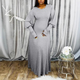Women's Fashion Plus Size Solid Round Neck Long Sleeve Casual Long Dress