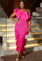 Elegant Solid Color Slash Shoulder Big Bow Fringe Formal Party Dress