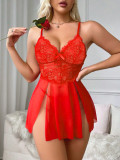 Valentine's Day Lingerie Sexy Strap V-Neck Lace Mesh Slit Nightdress