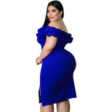 Fashion Plus Size Women's Summer Sexy Off Shoulder Ruffled Slit Bodycon Dress
