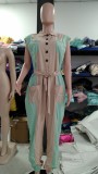 Women's Color Matching Fashion Turndown Collar Button Belt Jumpsuit