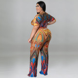 Plus Size Women's Summer Slash Shoulder Print Short Sleeve Wide Leg Jumpsuit