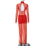 Women's Sexy Cross Patchwork See-Through Mesh Red Round Neck Slim Long Dress