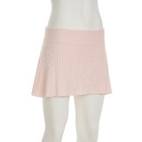 Spring Sweet Pink Turned Waist Elastic Woolen Mini Skirt