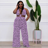 Plus Size Women's Summer Print Low Back Vest Wide Leg Pants Sexy Fashion Two-Piece Set