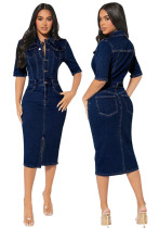 Women's Denim Short Sleeve Turndown Collar Bodycon Midi Dress Women's Denim Short Sleeve Turndown Collar Bodycon Midi Dress