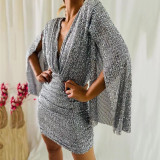 Spring Sexy V-Neck Sequined Cape Sleeve Short Bodycon Dress