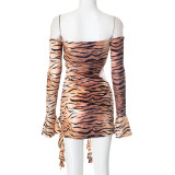 Off Shoulder Hollow Metal Ring Leopard Print Long Sleeve Dress