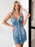 Summer Sweet Strap V-Neck Button Denim Dress