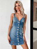 Summer Sweet Strap V-Neck Button Denim Dress