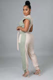 Women's Color Matching Fashion Turndown Collar Button Belt Jumpsuit