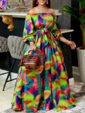 Spring Women Sexy Off Shoulder Bubble Long Sleeve Print Slim Waist Long Dress