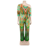Plus Size Women's Summer Slash Shoulder Print Short Sleeve Wide Leg Jumpsuit