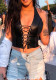 Women Halter Neck Lace-Up Sexy Hollow Crop Pu Leather Vest