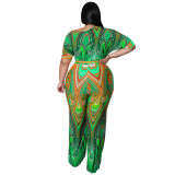 Plus Size Women's Summer Slash Shoulder Print Short Sleeve Wide Leg Jumpsuit
