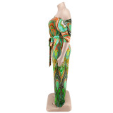 Plus Size Women's Summer Slash Shoulder Print Short Sleeve Wide Leg Jumpsuit