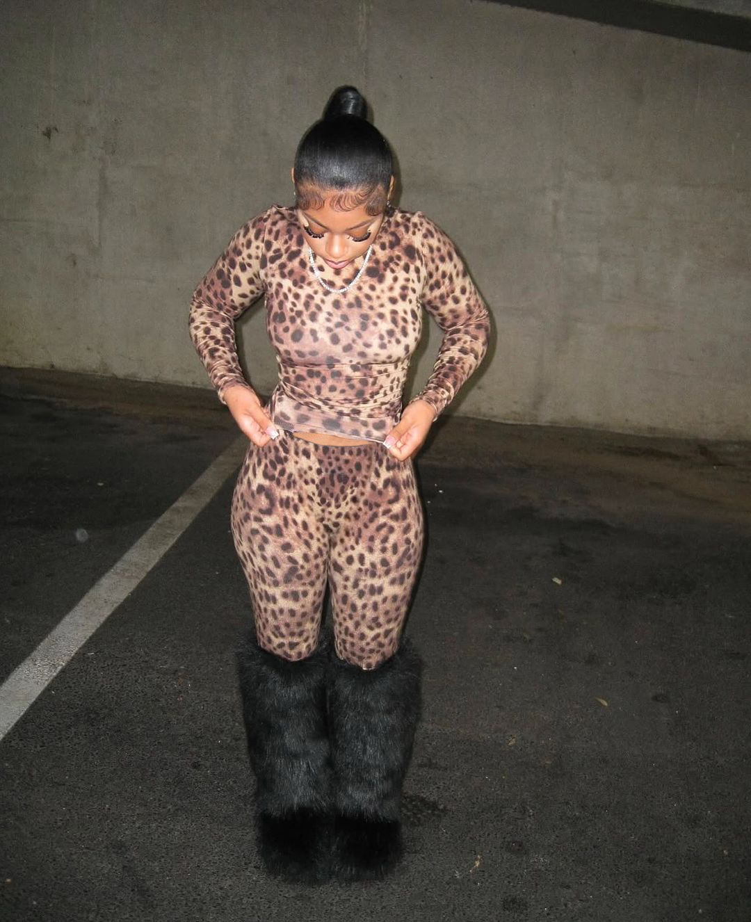 Spring Leopard Slim Sexy Fashion Long Sleeve Top Long Pants Two Piece Set