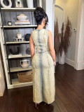 Women's Fashion Trend Worn Hollow Sexy Vest High Slit Denim Skirt Two-Piece Set