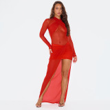 Women's Sexy Cross Patchwork See-Through Mesh Red Round Neck Slim Long Dress